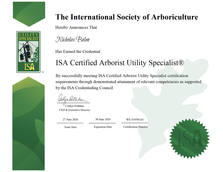 Nicholas Bolen ISA Certified Arborist Utility Specialist certificate