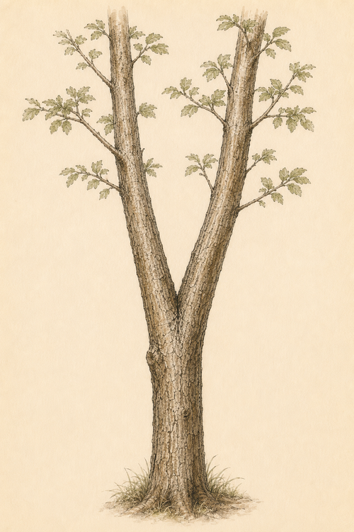 Hand-drawn young tree with two similarly sized codominant stems competing for dominance.