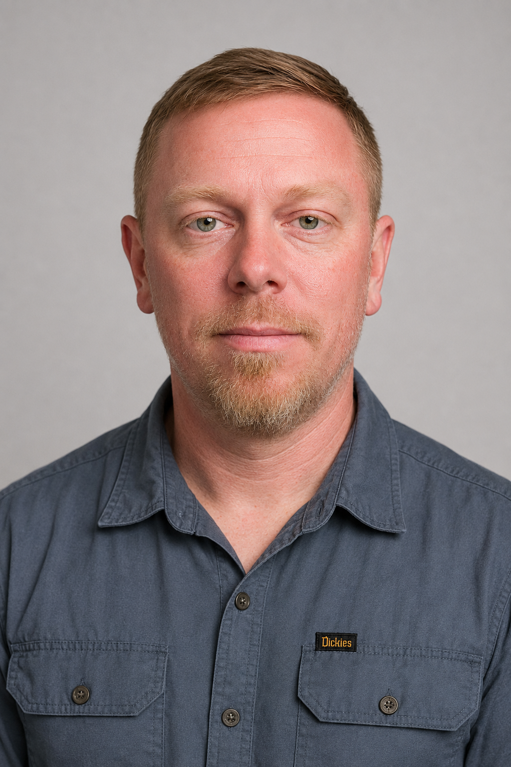 A middle-aged man with light hair and a beard wearing a gray Dickies shirt looking directly at the camera against a plain gray background.