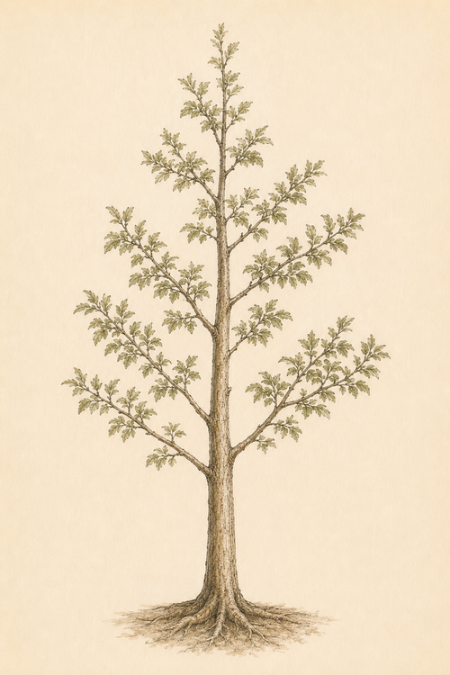 Hand-drawn young tree with one dominant leader and well-spaced scaffold branches.