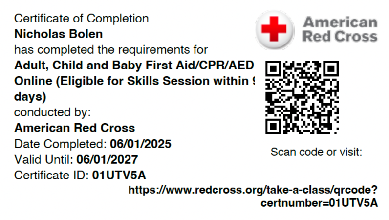 Nicholas Bolen First Aid and AED certificate