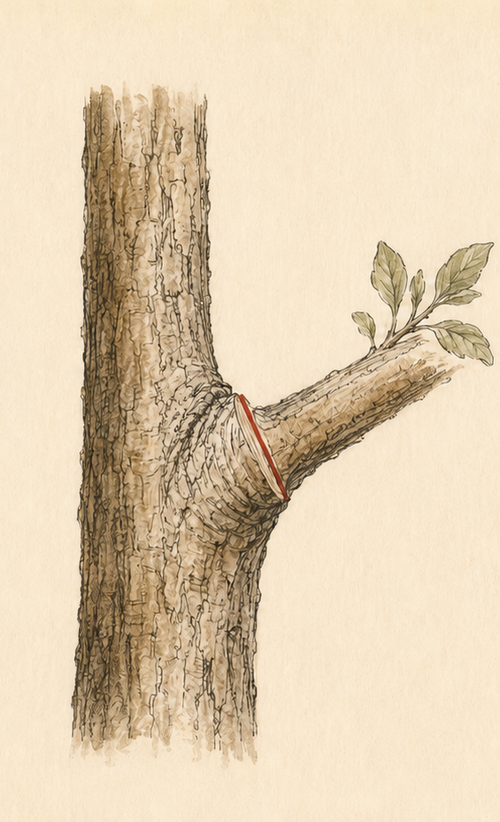 Hand-drawn example of a removal cut placed just outside the branch collar.