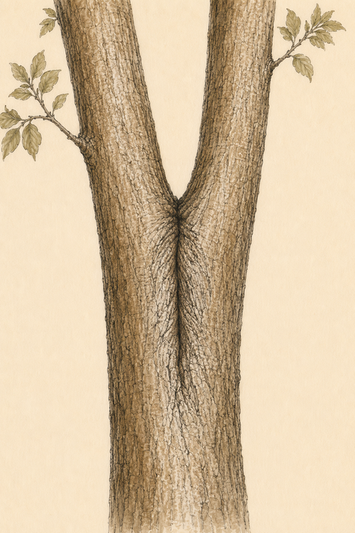 Hand-drawn close view of included bark compressed between two narrow upright stems.