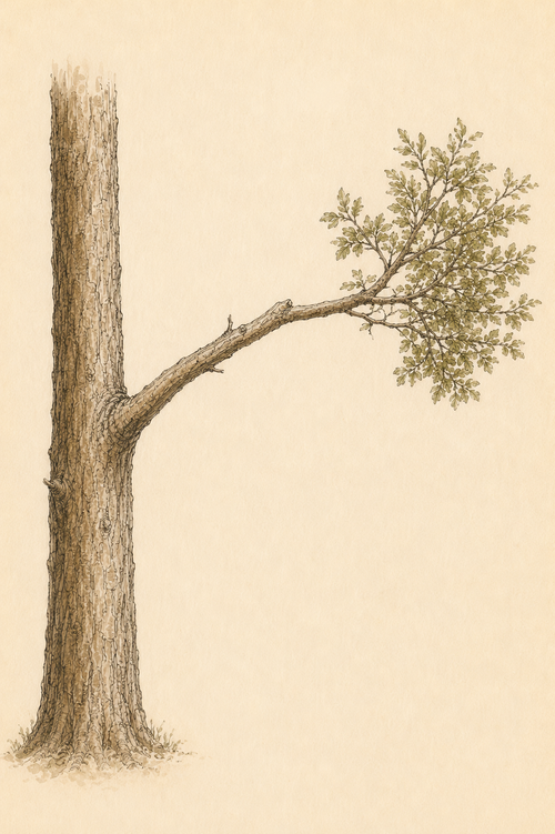 Hand-drawn overextended limb with sparse interior growth and foliage concentrated near its end.
