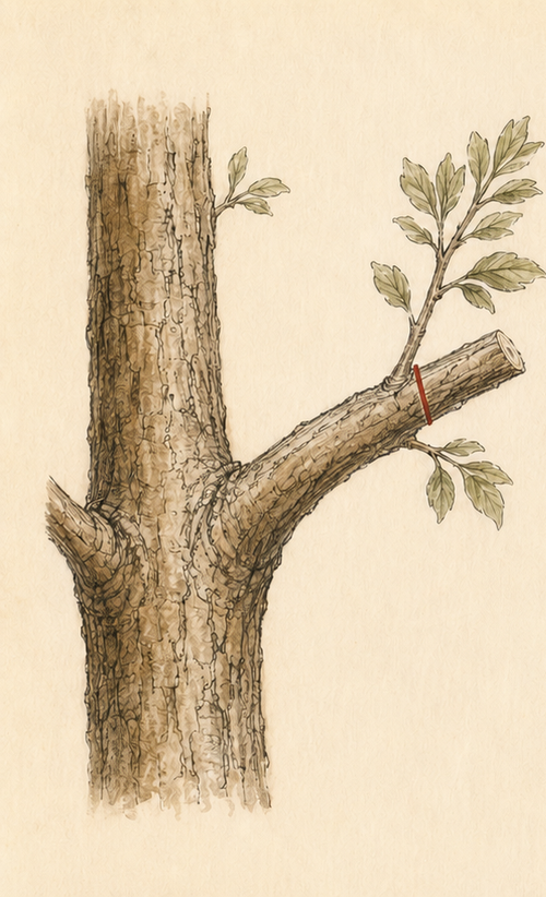 Hand-drawn example of a reduction cut made beyond a healthy retained lateral branch.