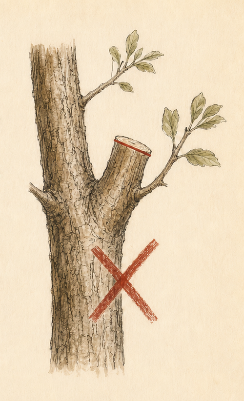 Hand-drawn example of an improper heading cut marked with a red X.