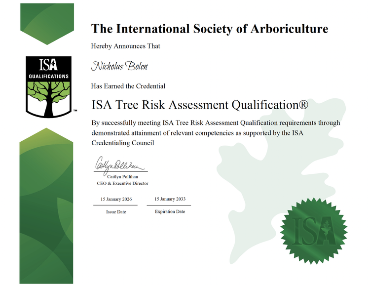 Nicholas Bolen ISA Tree Risk Assessment Qualification certificate