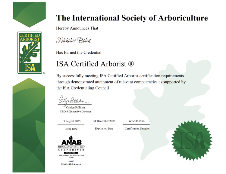 Nicholas Bolen ISA Certified Arborist certificate