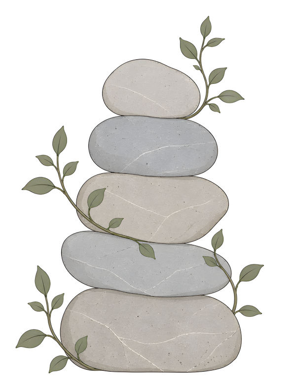 Pillar Psychology logo: Six stones stacked in a pillar, decorated with green leaves and vines.