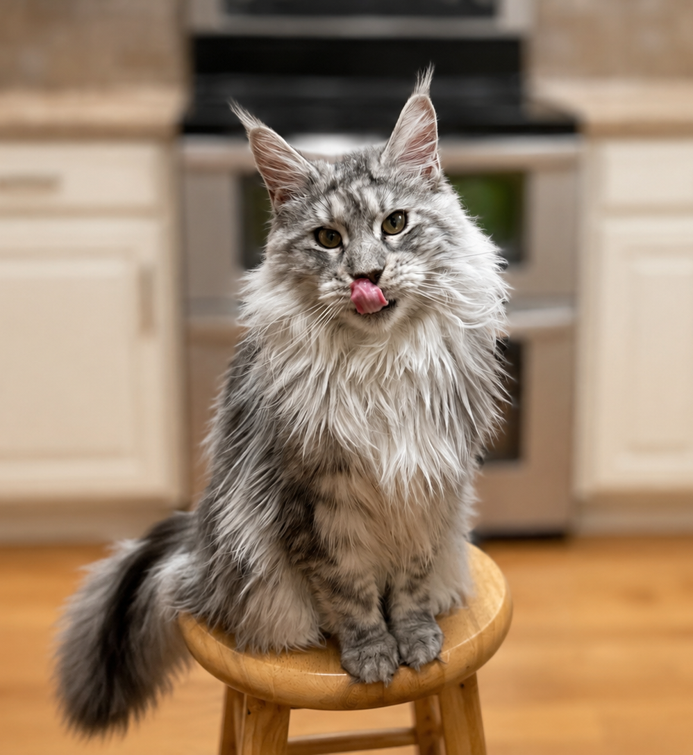 A long-haired, gray tabby cat sitting on a wooden stool in a kitchen, licking its nose with its tongue.