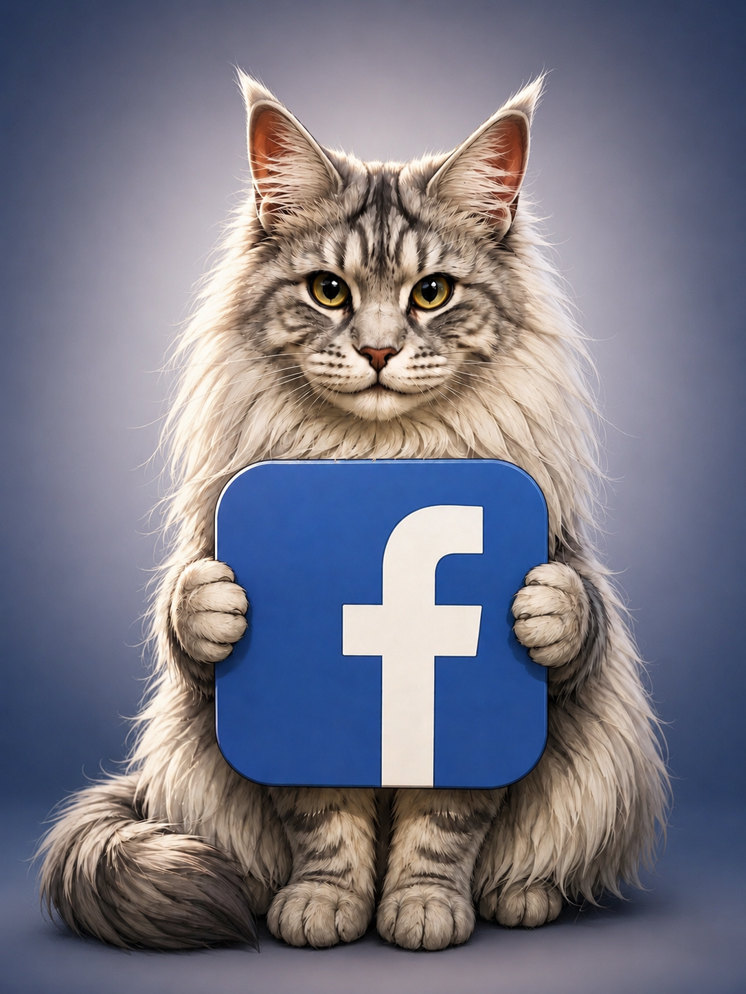 A long-haired, gray and white tabby cat holding a blue Facebook logo sign with both paws, sitting against a gray gradient background.