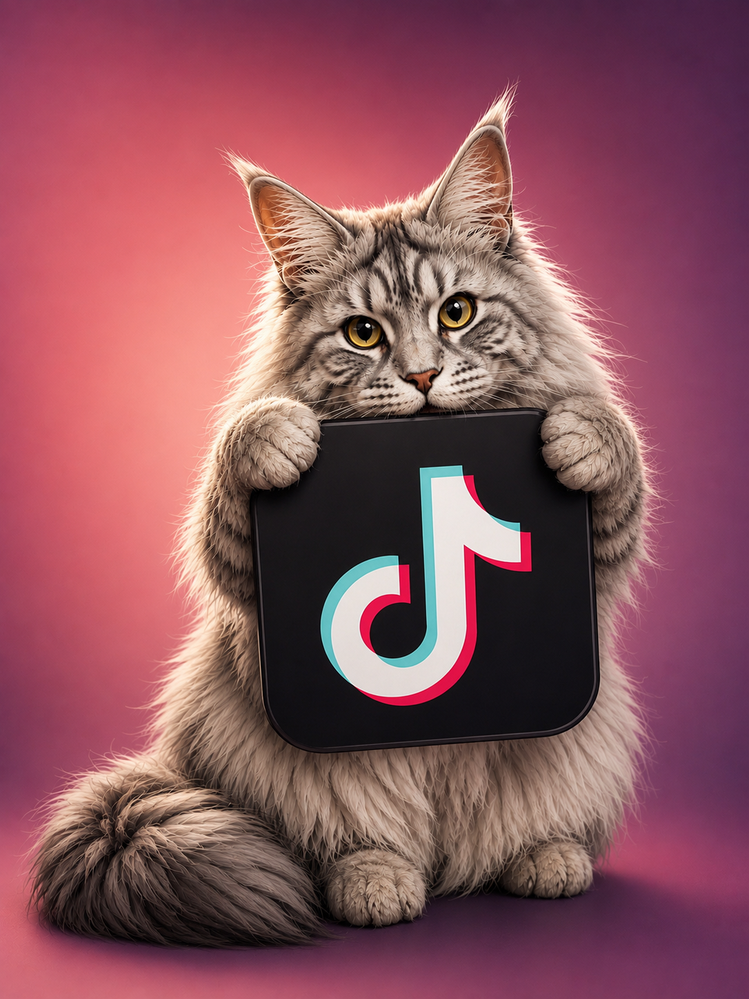 A fluffy gray tabby cat with piercing yellow eyes holding a black TikTok logo sign in front of a pinkish-purple gradient background.
