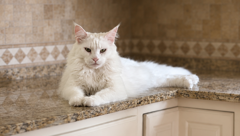 A white long-haired cat lying on a granite kitchen countertop, with a patterned tile backsplash in the background.