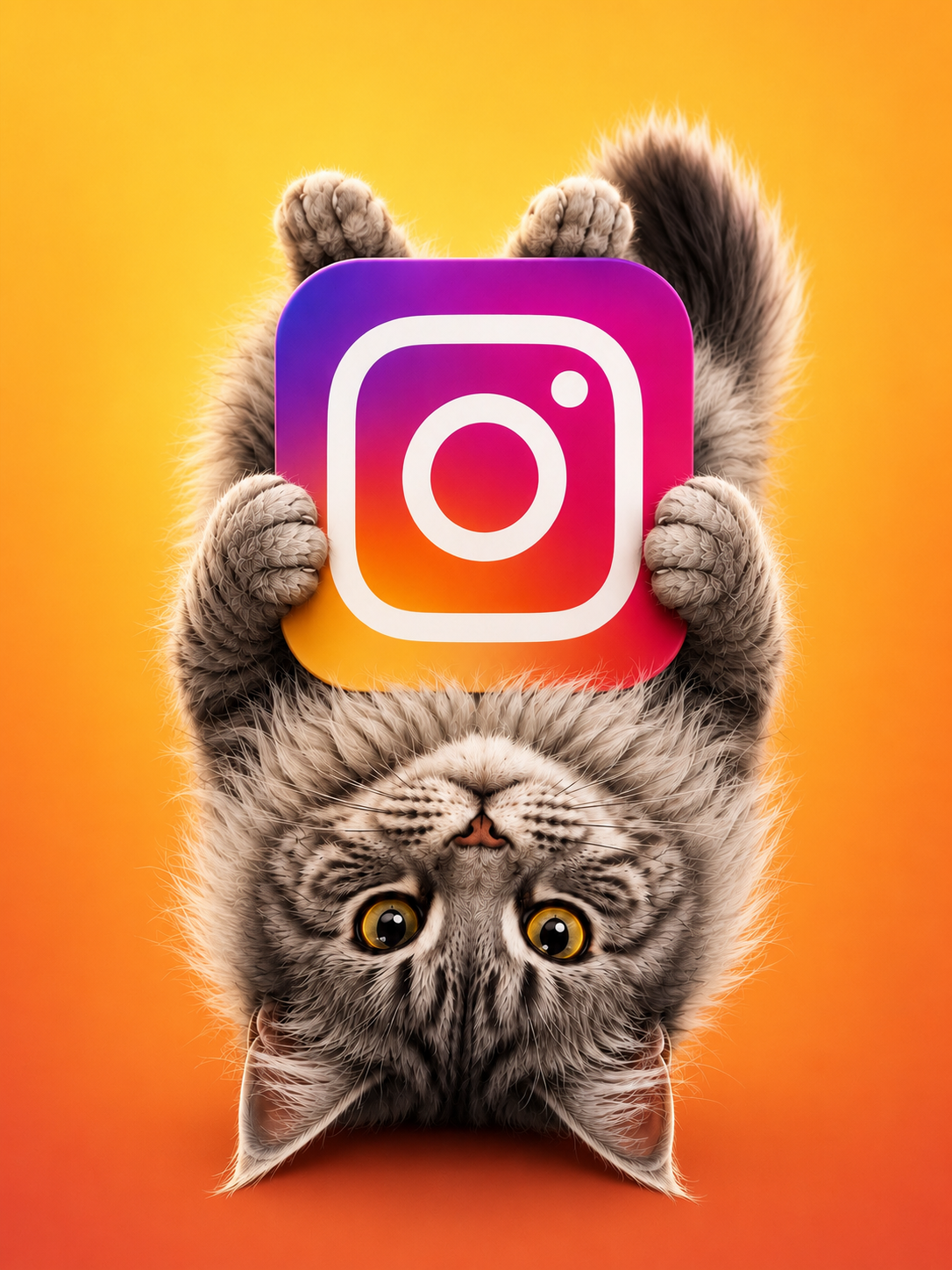 A kitten lying upside down holding a smartphone with the Instagram logo, with a yellow-orange gradient background.