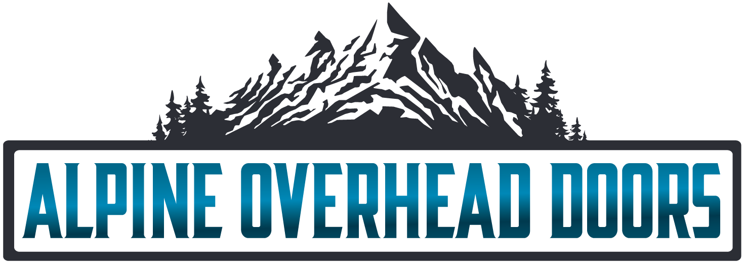 Alpine Overhead Doors logo featuring mountain artwork for garage door, gate, and entry door services in San Diego County.