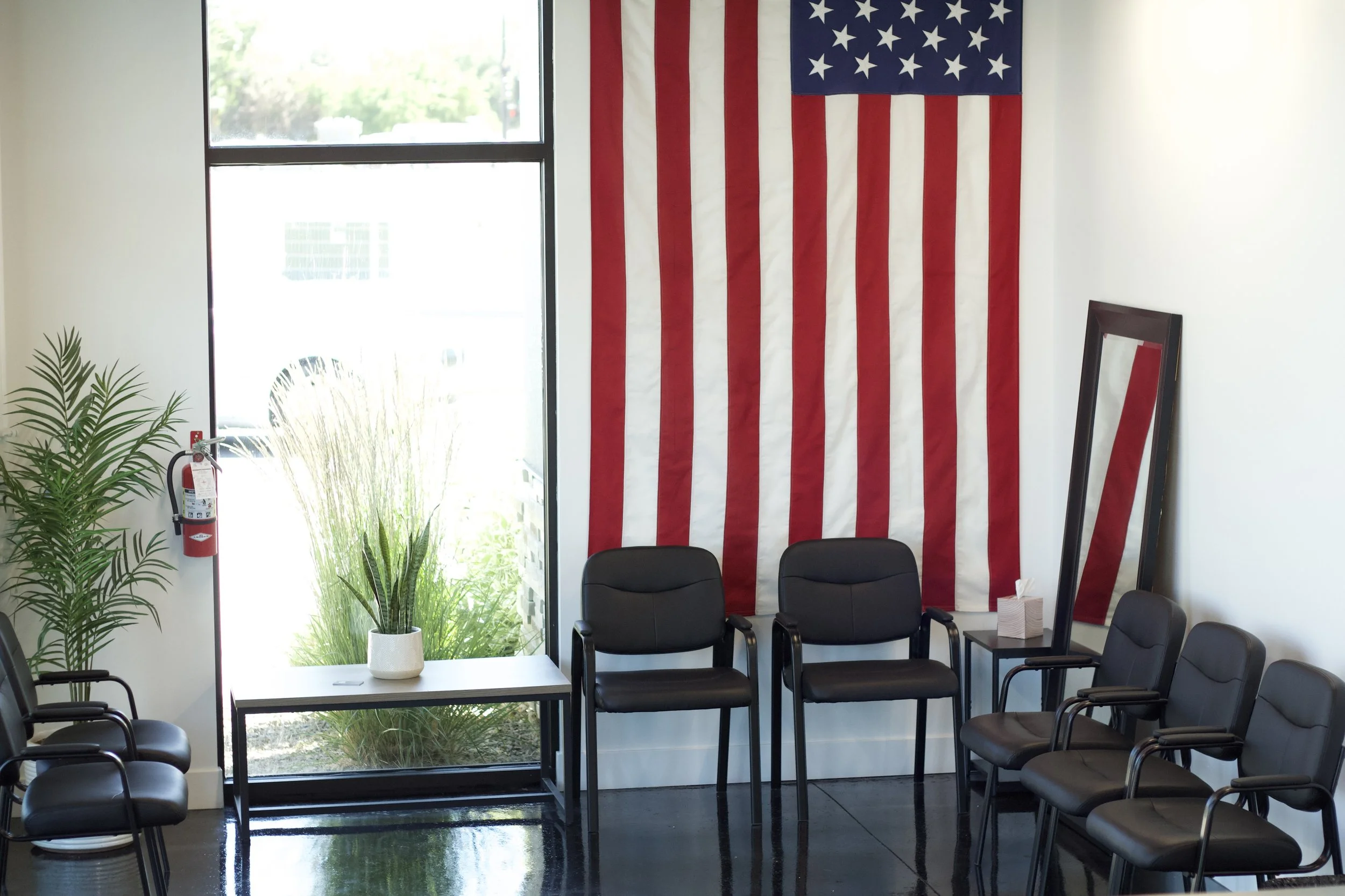 An American flag hangs on a white wall behind a row of black chairs, with a small table and a mirror nearby in a waiting room with large window and potted plants.
