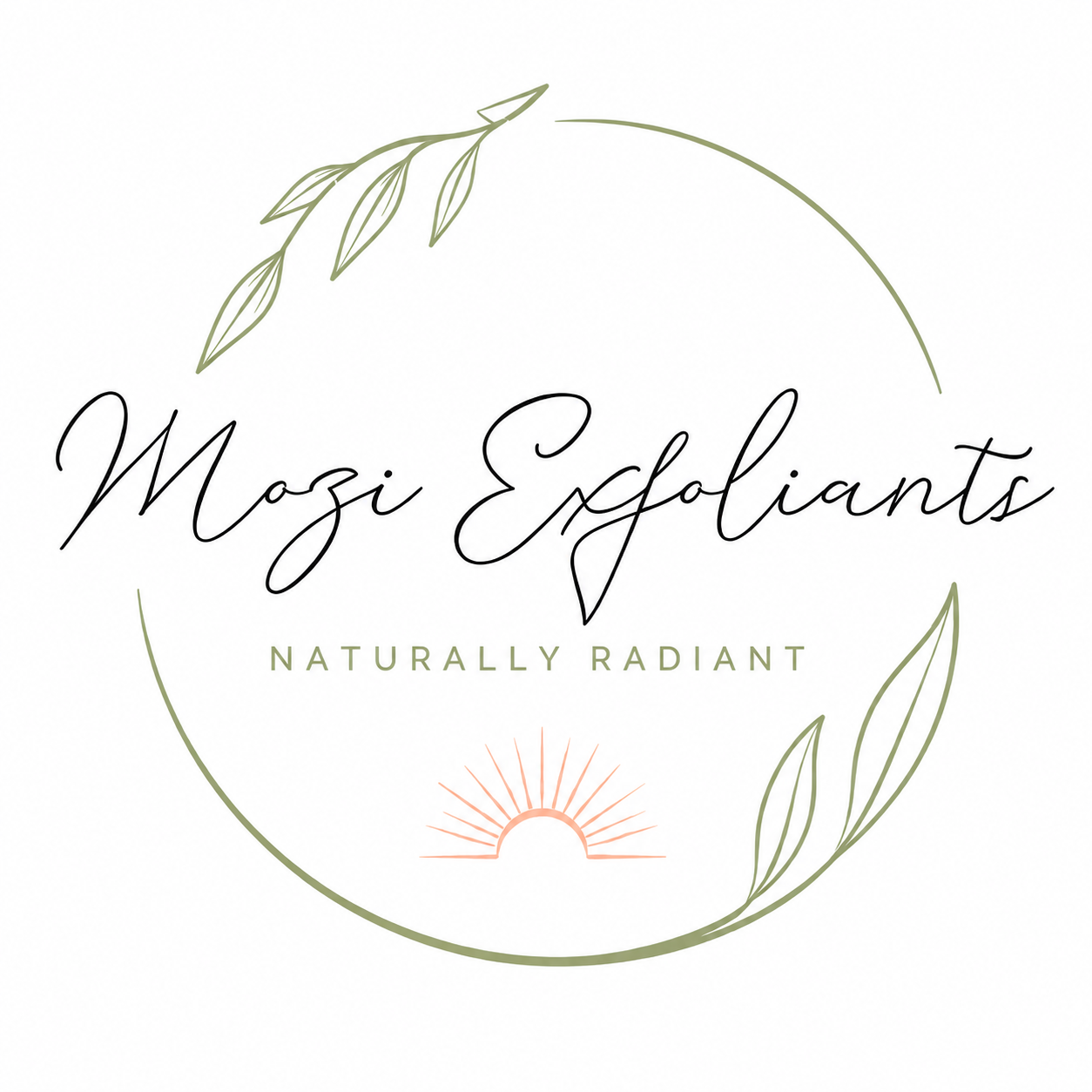 Logo for Mosi Exfoliants with a circular design, green leaves, and orange sun rays, featuring the text "Mosi Exfoliants" and "Naturally Radiant".