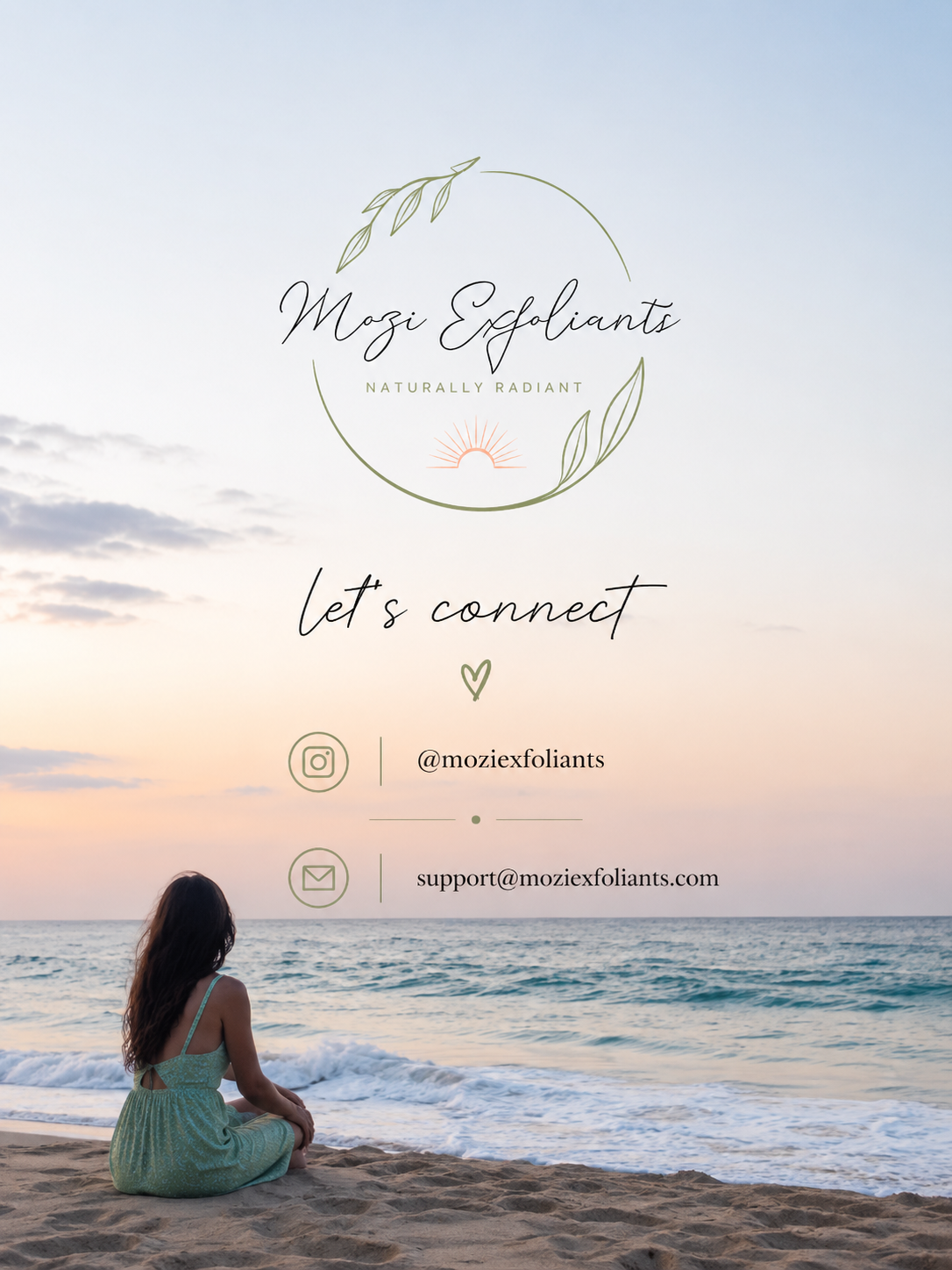 Promotional graphic for Mozi Exfoliants featuring a serene beach scene at sunset, with a woman in a green dress sitting on the sand, and contact information for the brand including social media handle and email.