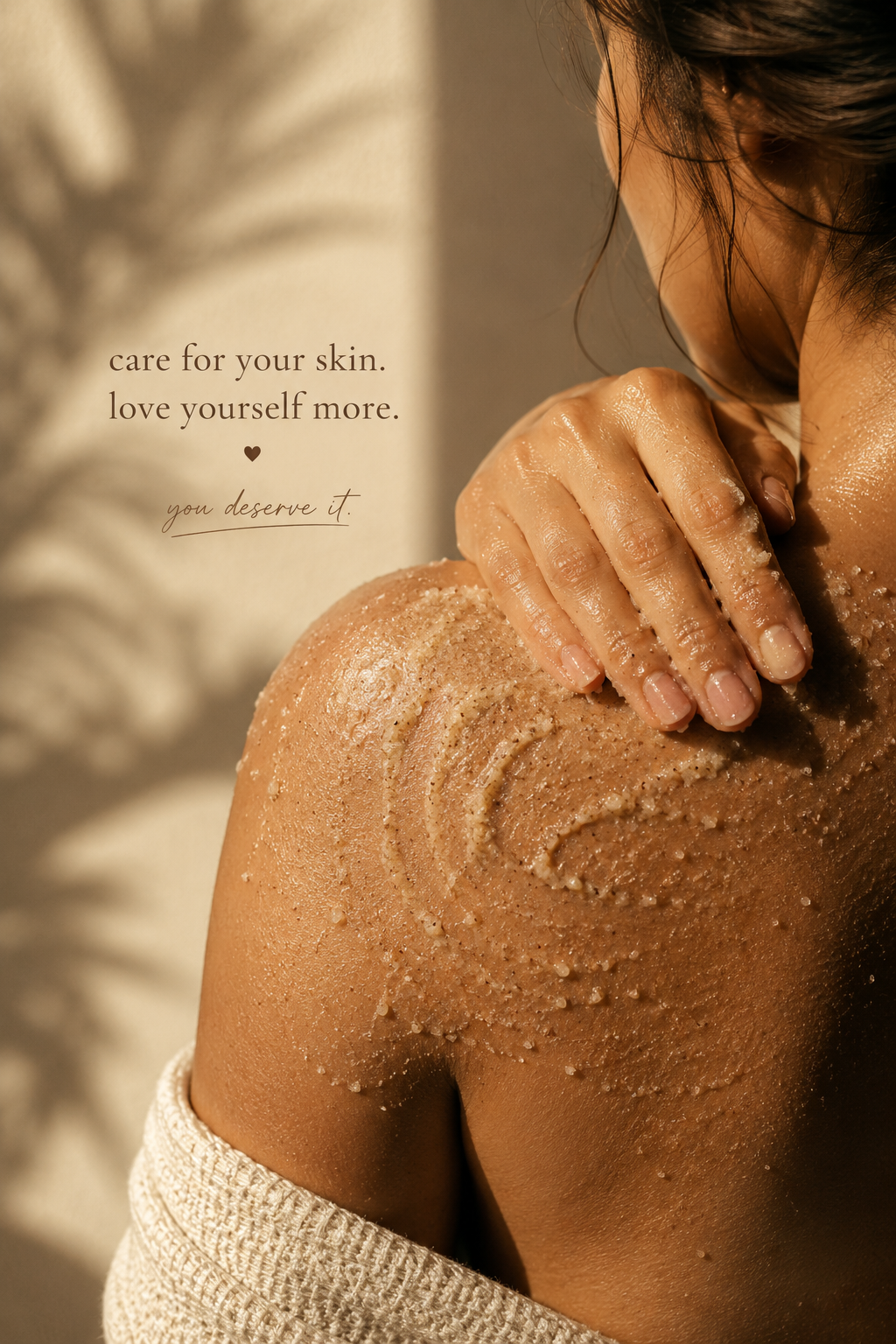 A woman applying a sugar scrub to her shoulder in a spa setting, with a quote about skin care and self-love.
