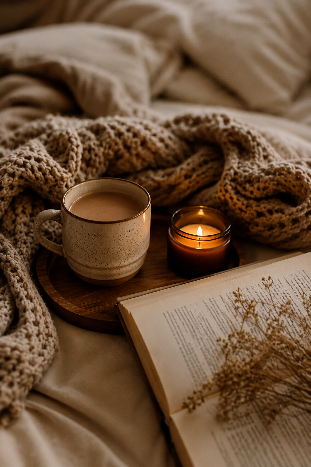 Cozy scene with a cup of tea, lit candle, open book, and dried flowers on a bed with a chunky knitted blanket and soft bedding.