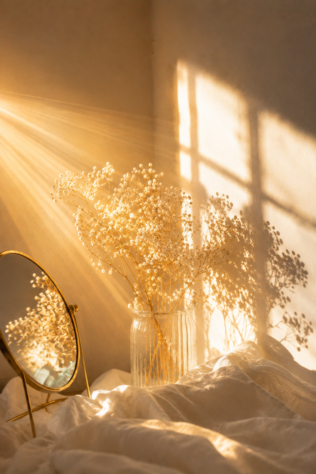 Sunlight rays cast a shadow of flowers in a glass vase onto a wall, with a mirror reflecting part of the scene, on a bed with white bedding.