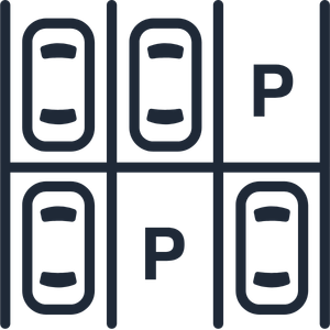 A parking lot map with six parking spaces arranged in two rows of three.