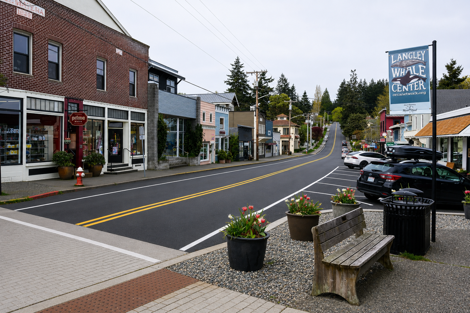 Main street in a small town with colorful shops, parked cars, and street flowers, under an overcast sky.
