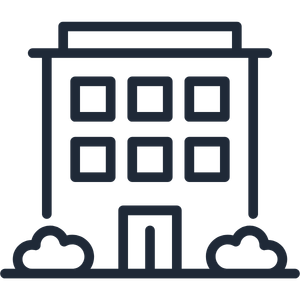 Icon of a multi-story building with six windows and an entrance, flanked by bushes.
