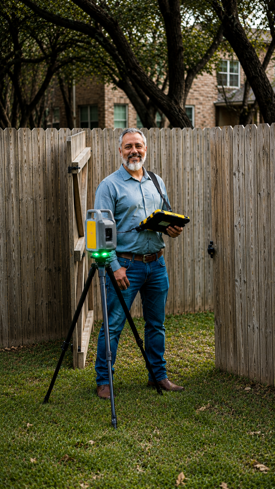A smiling man standing in a backyard with a wooden fence, holding a surveying tablet, with a laser scanner on a tripod nearby, set in a residential neighborhood with trees and houses in the background.