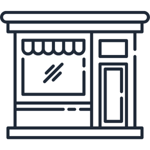 Line drawing of a storefront with a large window displaying an awning and a door on the right side.