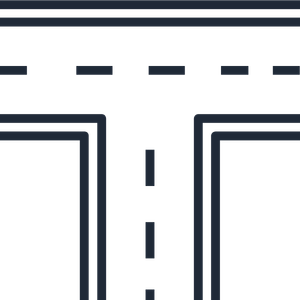 Black and white digital illustration of a road intersection with lanes, dashed lines, and directional arrows.