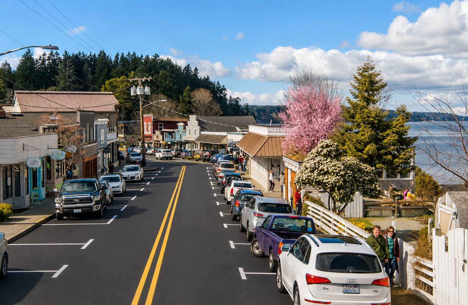 Main street in a small town with parked cars along both sides, colorful storefronts, blooming trees, and people walking.