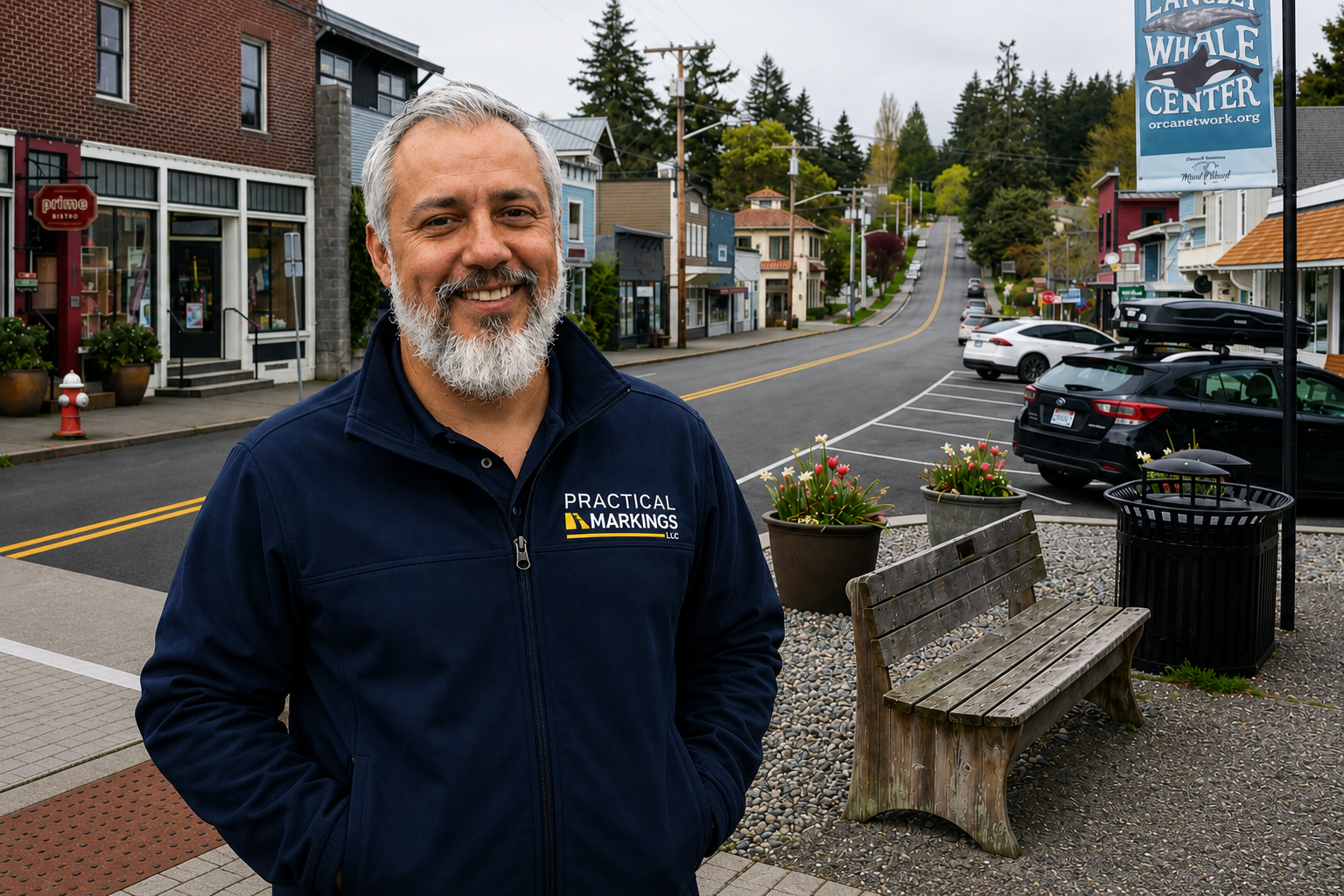 A smiling middle-aged man with a gray beard wearing a navy blue jacket with the logo "Practical Markings LLC" stands on a sidewalk in a small town shopping area with shops, parked cars, and early spring flowers in the background.