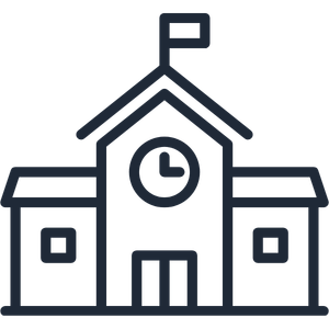 Line drawing of a school building with a flag on top, clock on front, and two side wings.