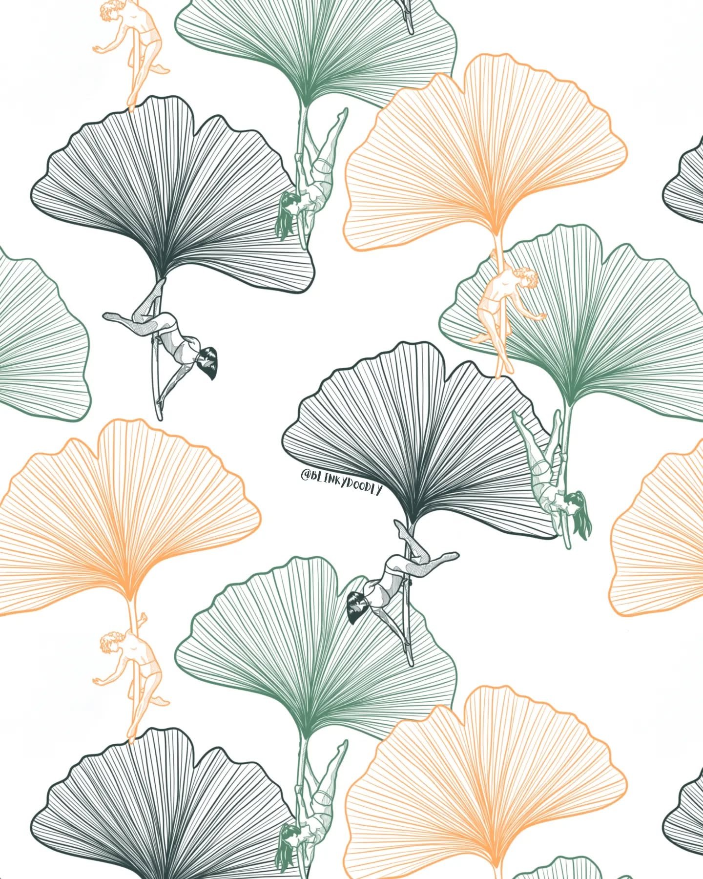 I started out with the idea of making another pattern with flowers and pole dance rabbit for Easter. Somehow along the way, rabbits turned into normal pole dancers and flowers turned into dandelions and then gingko leaves. I'm still struggling to dec
