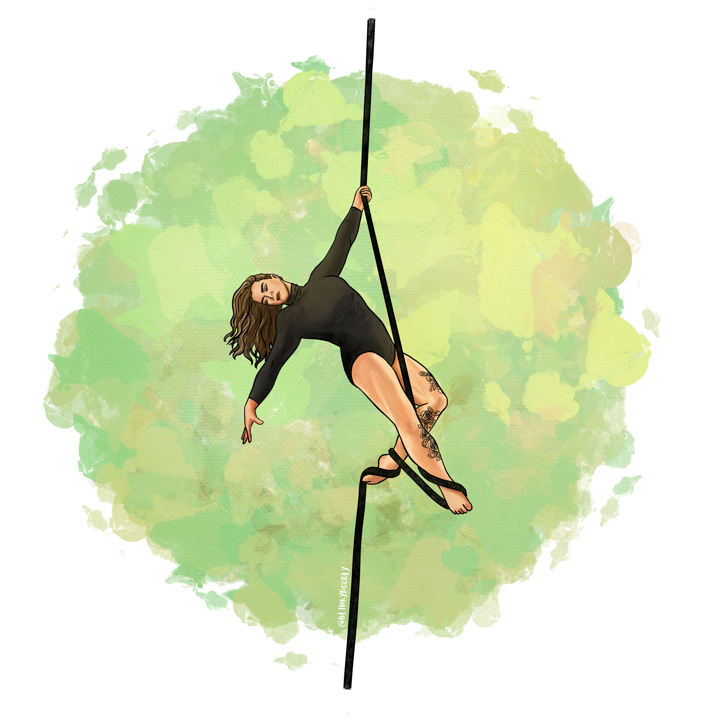 An illustration of a woman with long wavy hair in a black outfit doing a aerial rope.