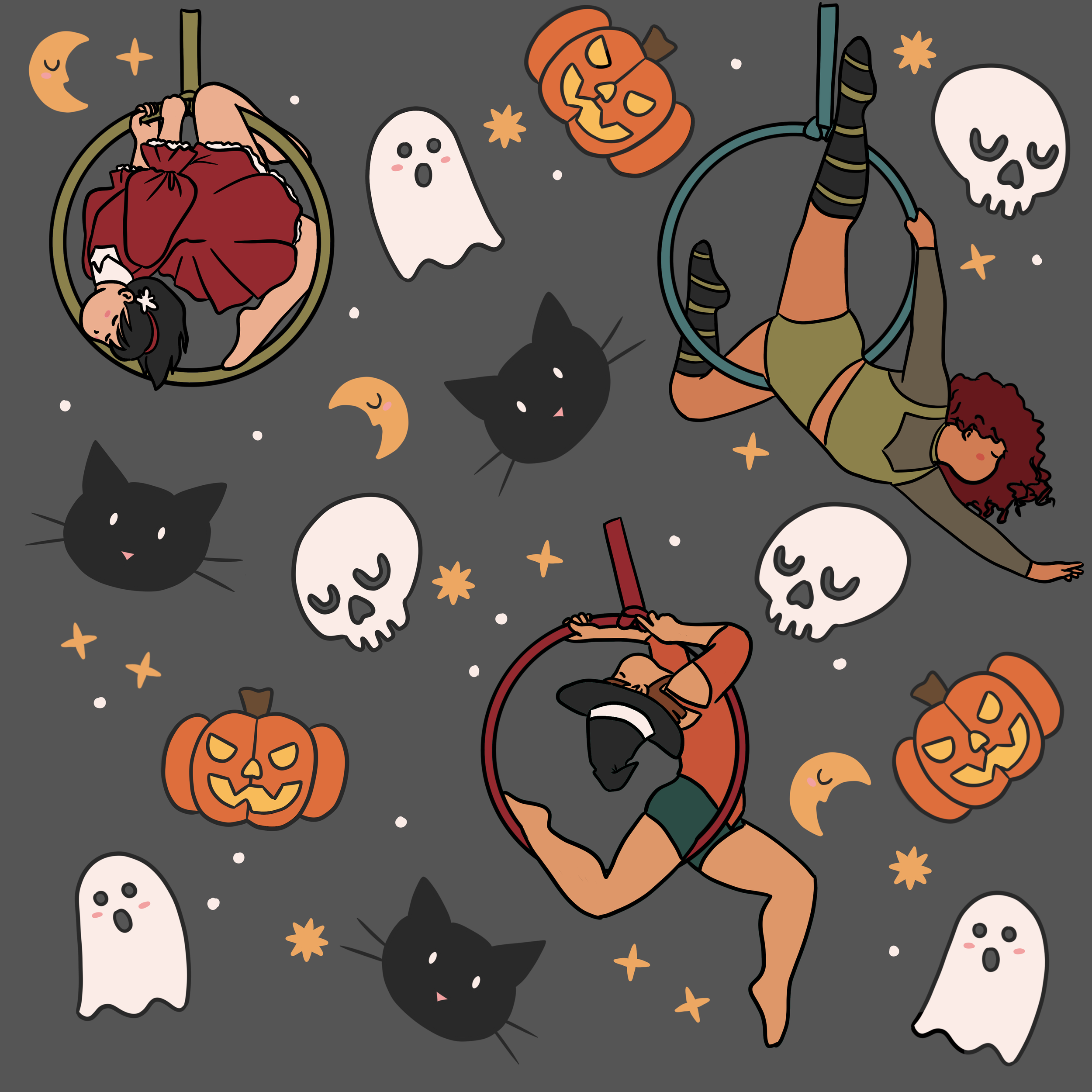 Halloween-themed illustration featuring girls doing aerial hoop, cartoon pumpkins, ghosts, black cats, skulls, and star-shaped decorations on a dark background.