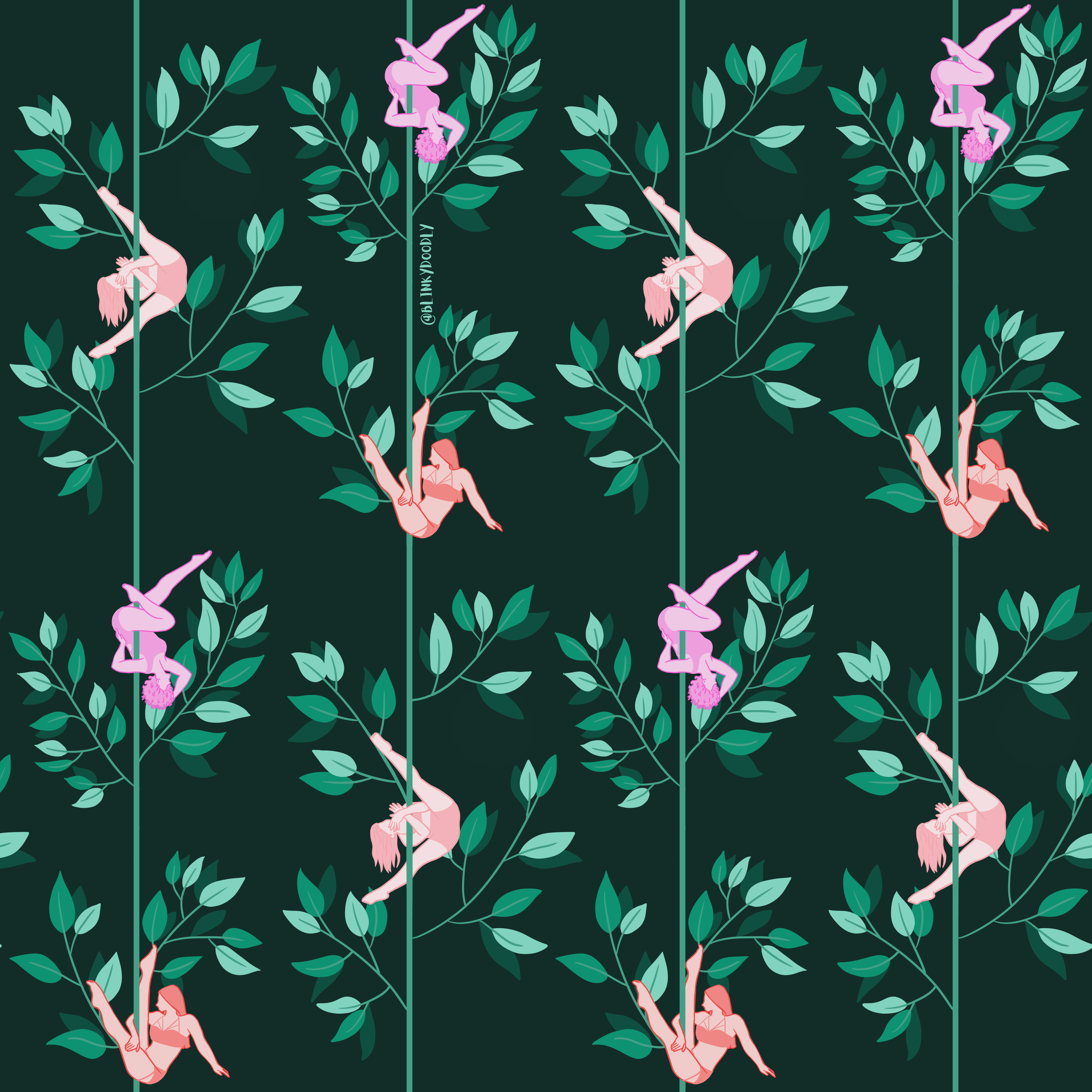 Pattern of pink acrobatic women hanging upside down from a pole on green leafy trees against a dark green background.