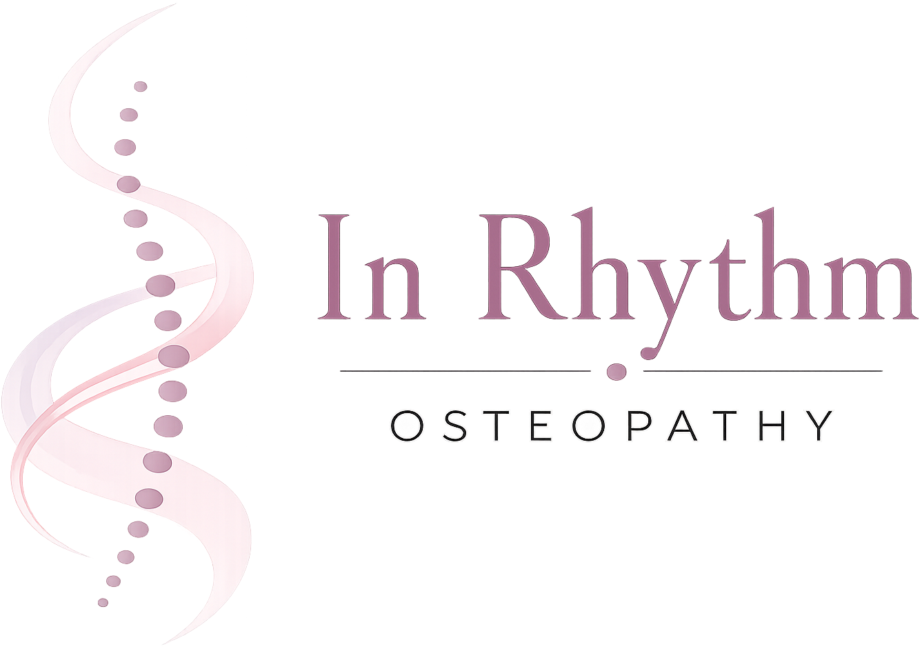 Logo with DNA strand and text that reads 'In Rhythm' and 'Osteopathy' in stylized letters.