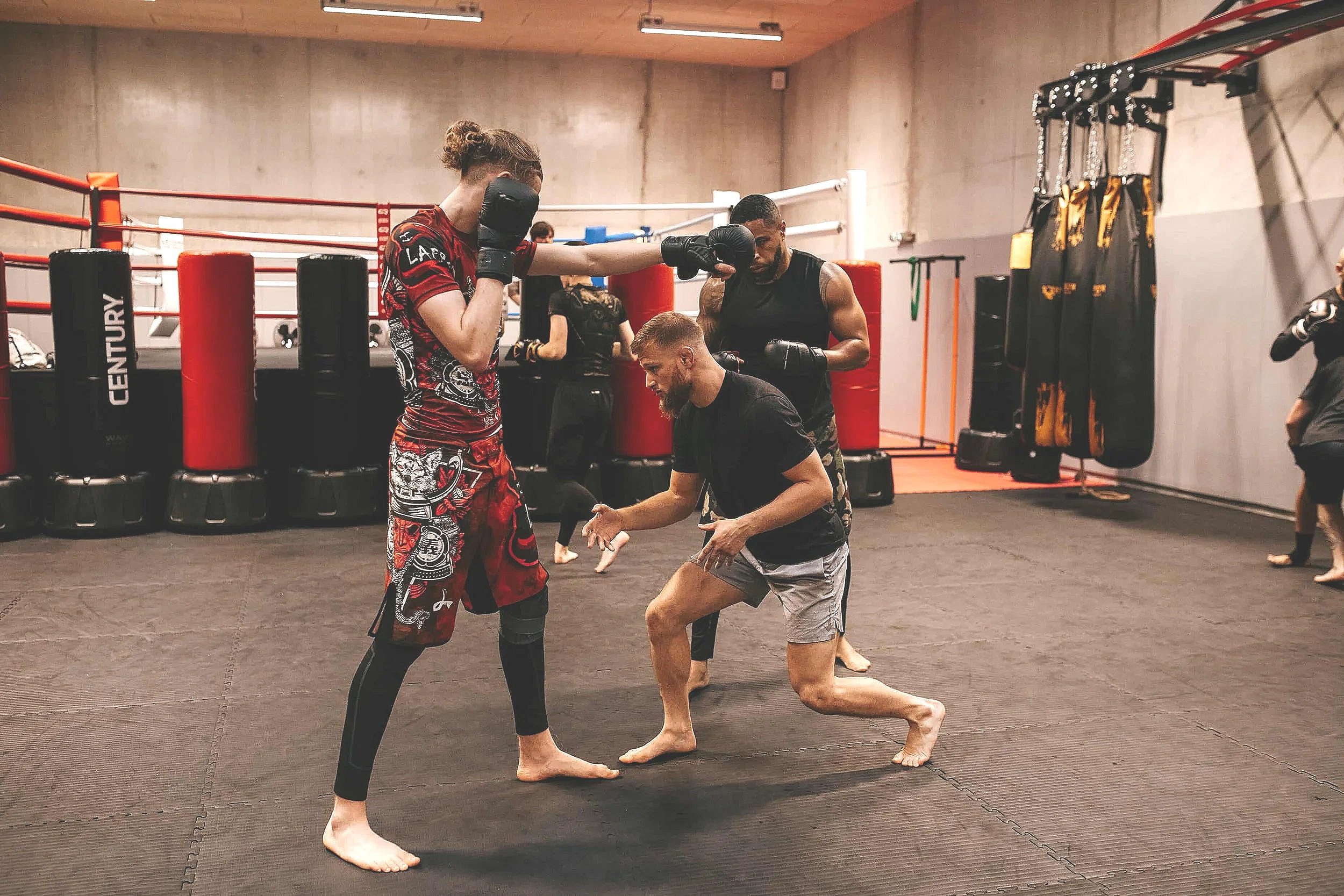 Deux pratiquants de mma, muay thai ou de lutte en entraînement dans un gymnase, en position de combat, avec un entraîneur. Un sac de frappe est visible à l'arrière, dans un cadre de ring de boxe.