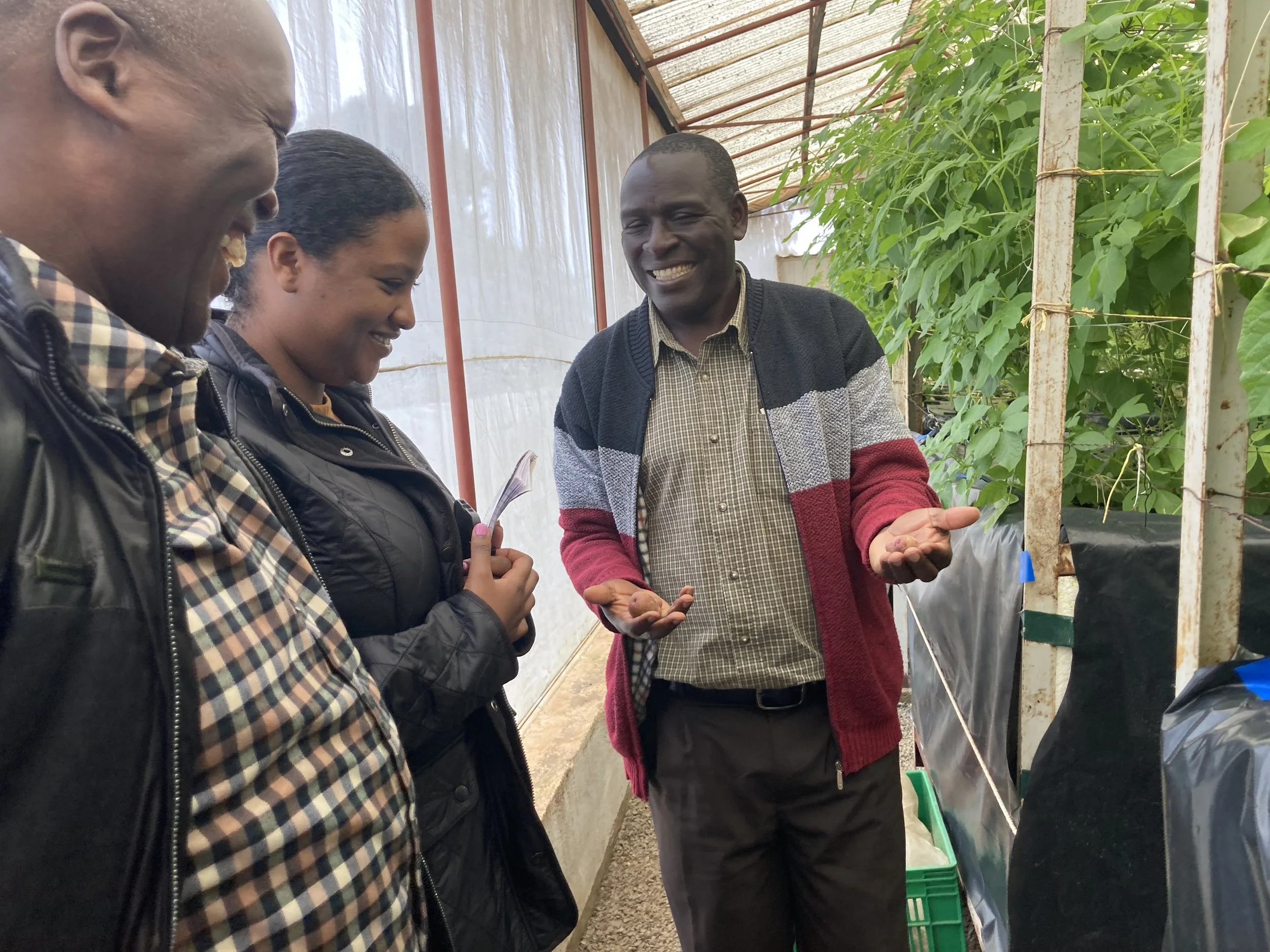 Four people in a greenhouse, smiling and engaging in conversation near a plant with climbing vines, possibly talking about farming or gardening.