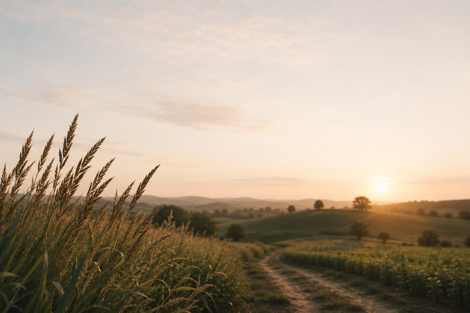 Sunset over rolling hills with a dirt path, trees, and fields, with tall grasses in the foreground