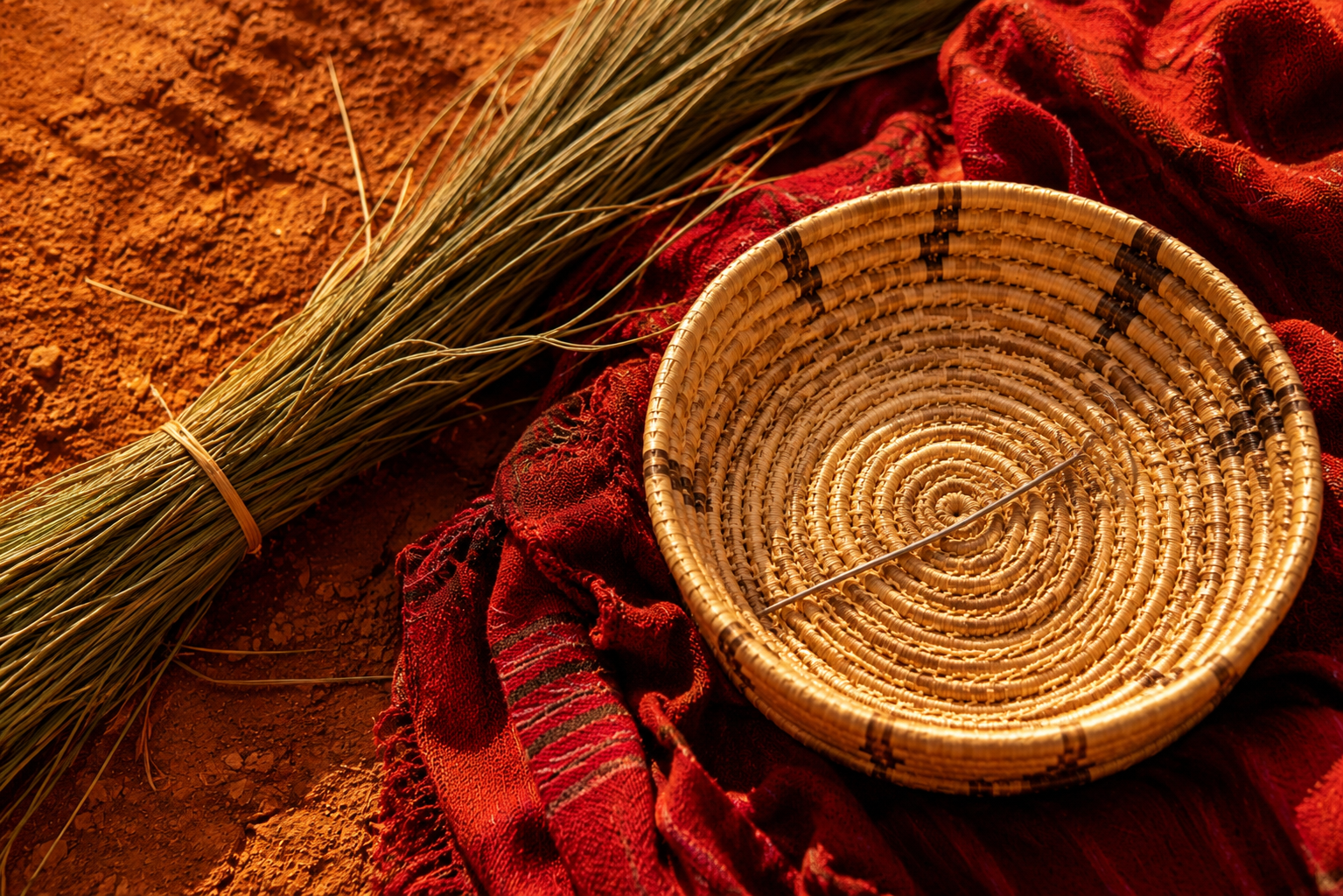 A bundle of dried wheat stalks, a circular woven basket, and a red cloth on reddish soil.