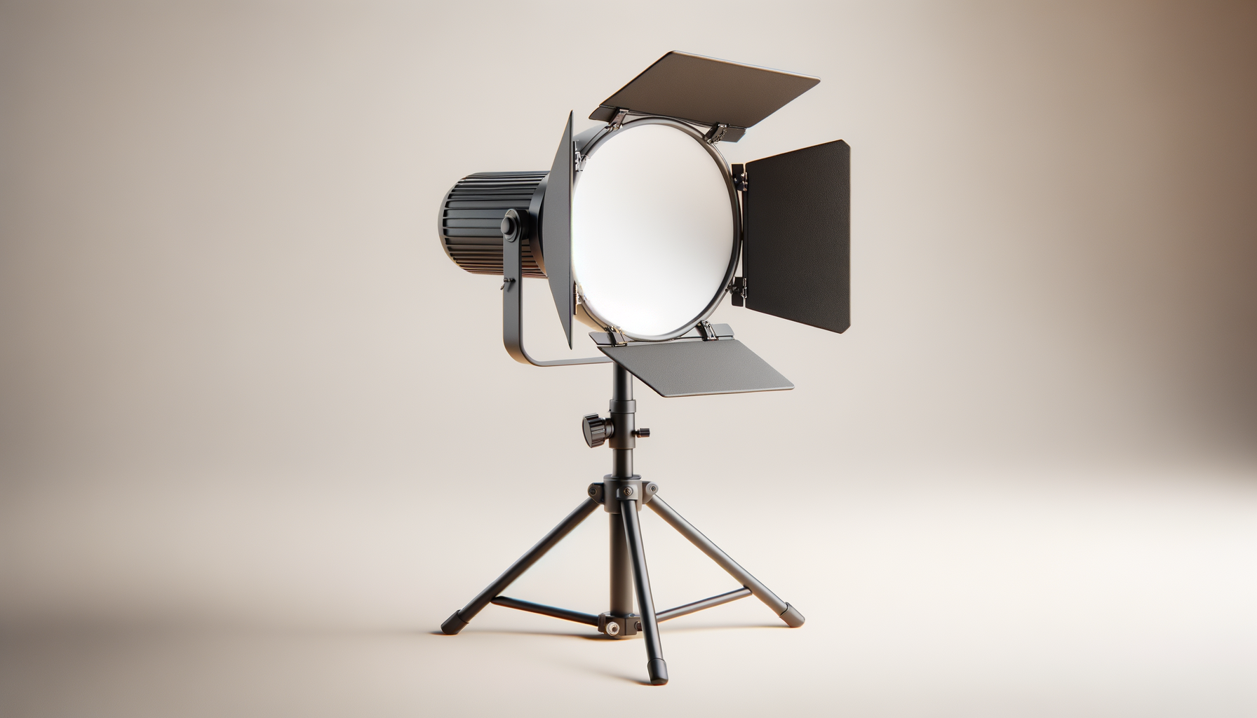 Studio lighting equipment with a professional LED light on a tripod stand, with adjustable barn doors and a neutral background.