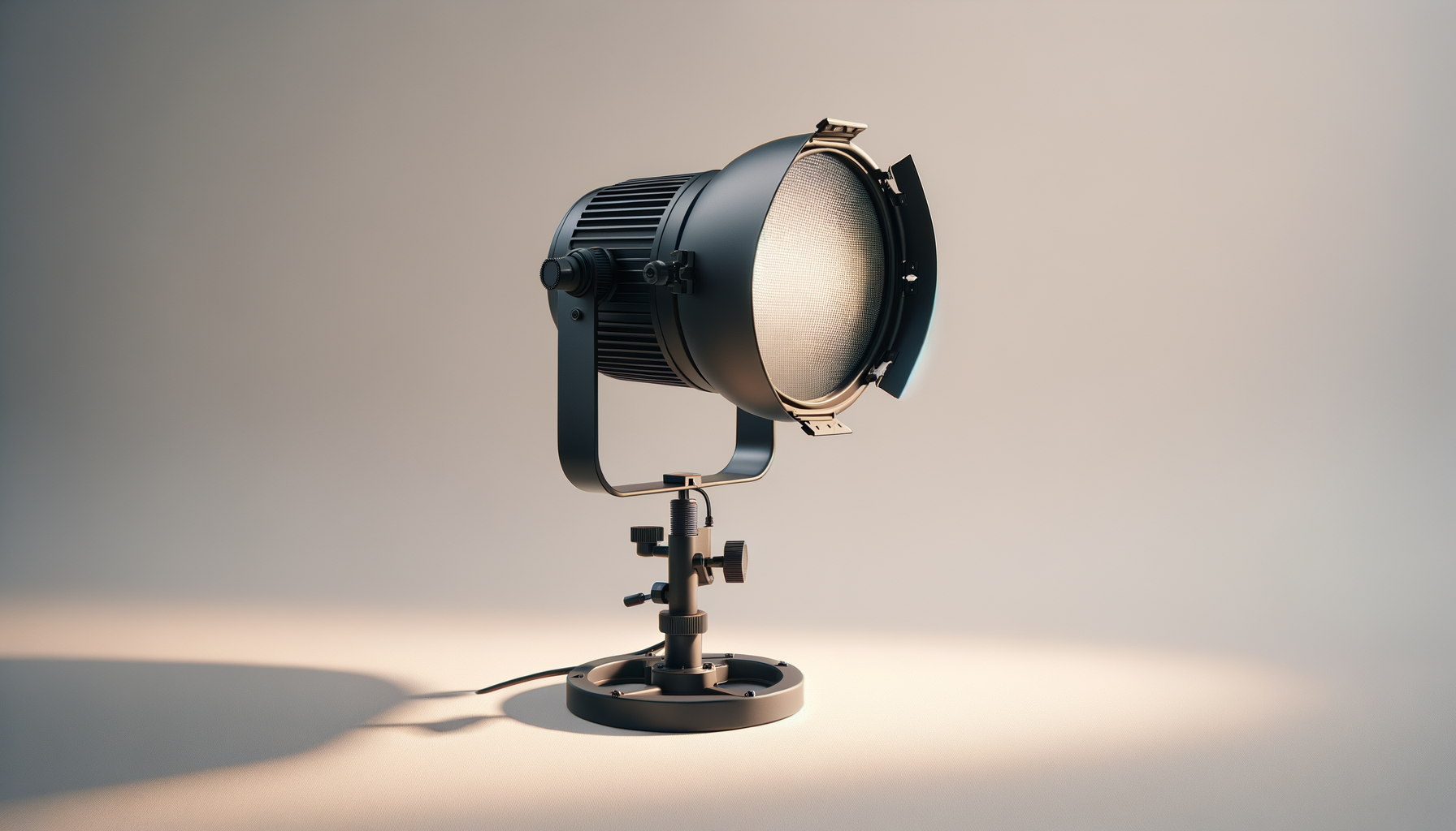 A professional studio spotlight with a black finish, mounted on a stand, casting light onto a neutral background.