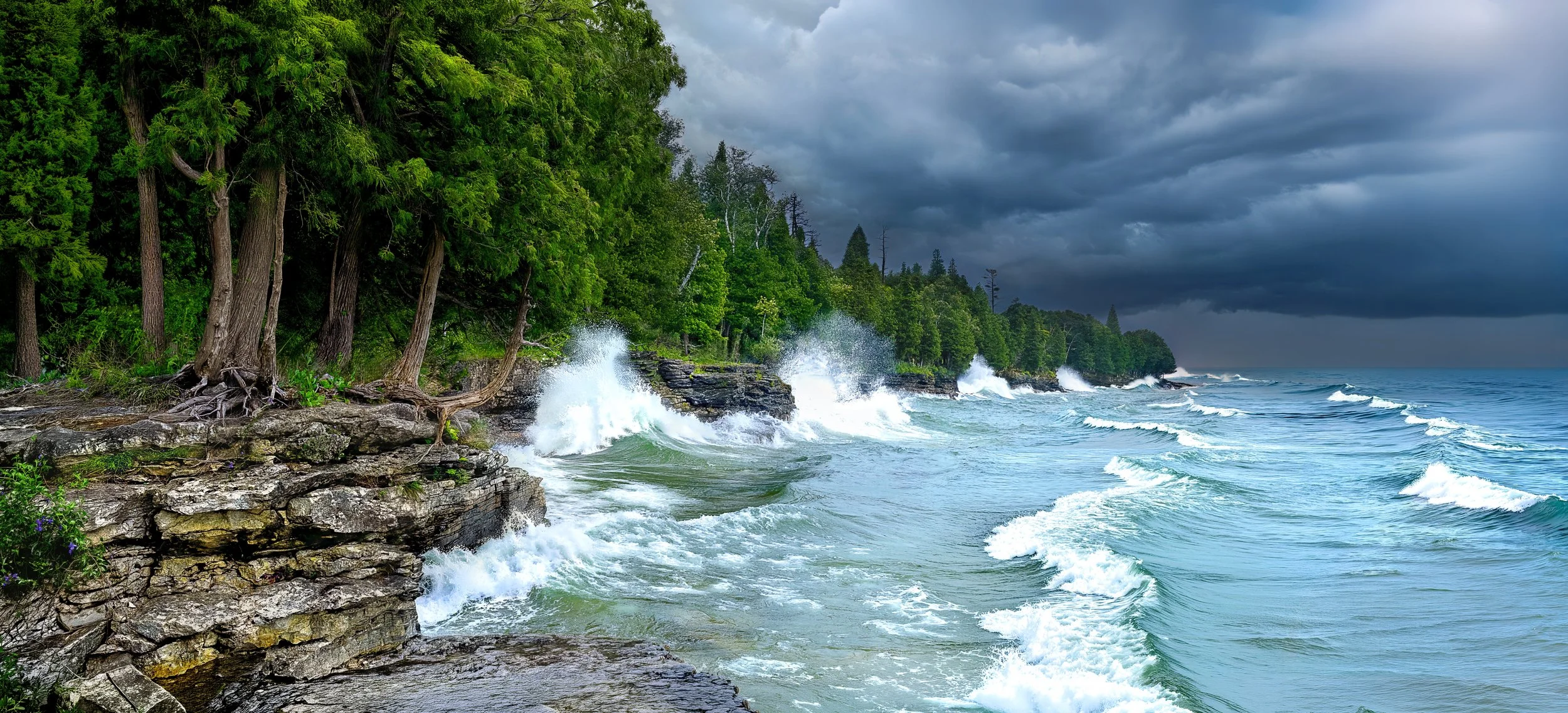 A rugged coastline with green trees on rocky cliffs and waves crashing against the rocks under a dark cloudy sky.