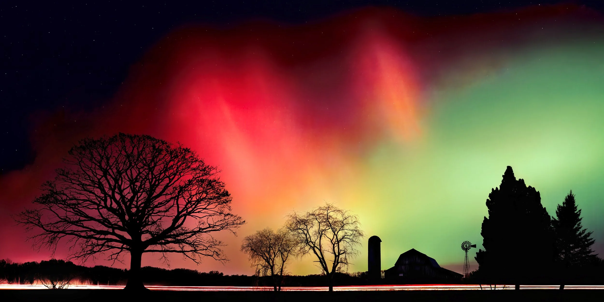Northern lights illuminating a clear night sky with silhouettes of trees, a windmill, and buildings in a rural landscape.