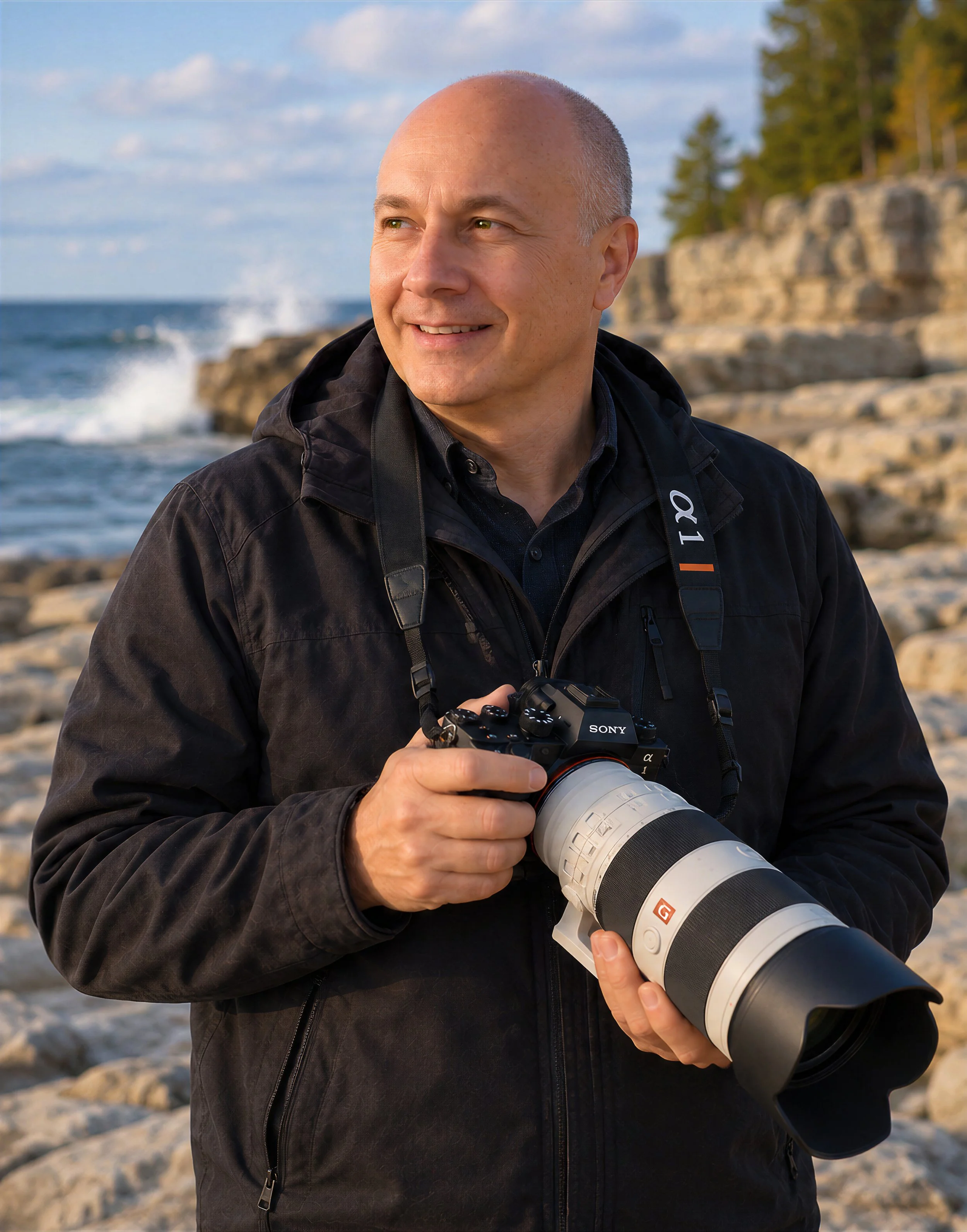 A man holding a professional camera with a large telephoto lens, standing outdoors near a rocky shoreline with trees and the ocean in the background, during daytime.