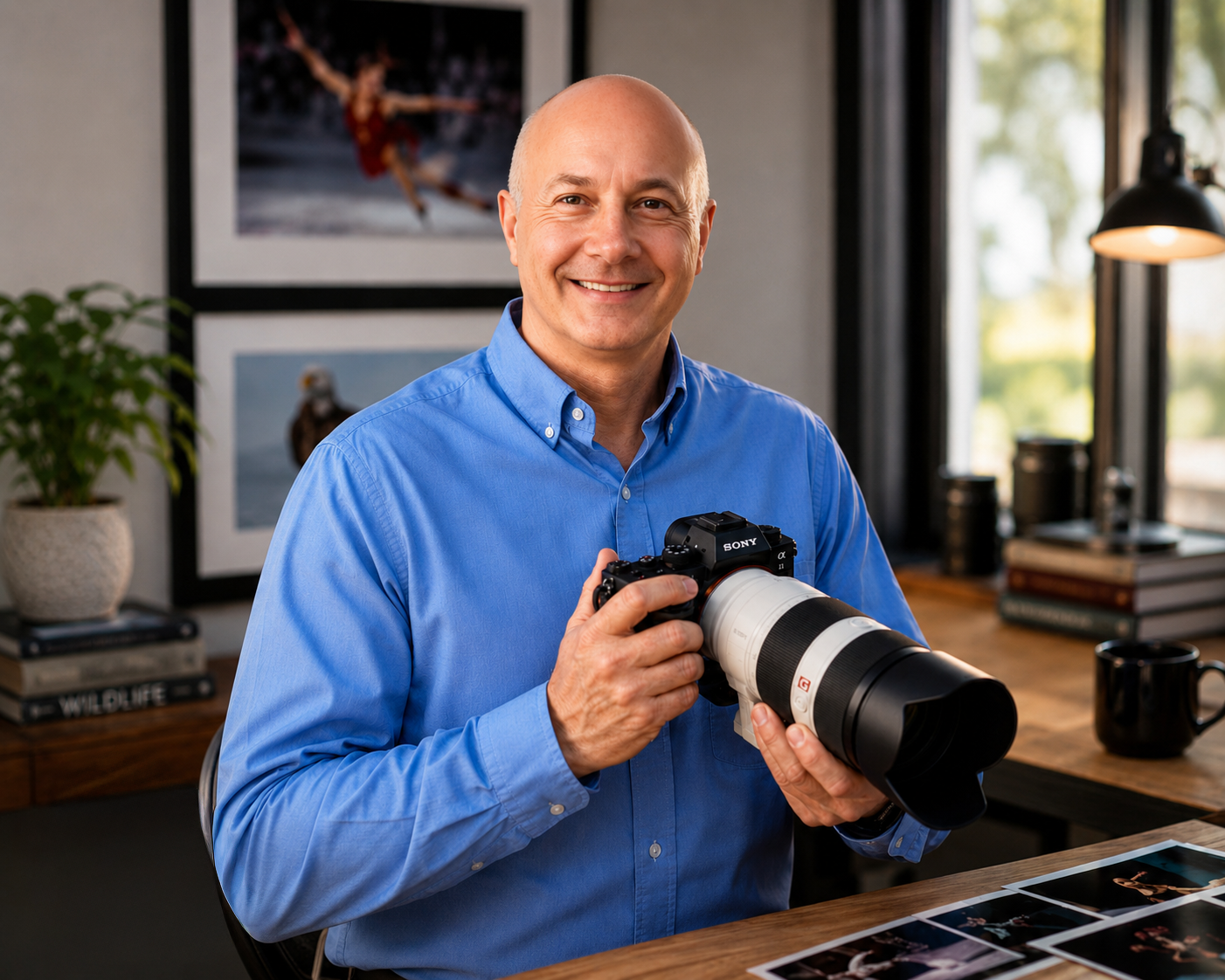 A smiling man in a blue shirt holding a camera inside a room with framed photos and a window.