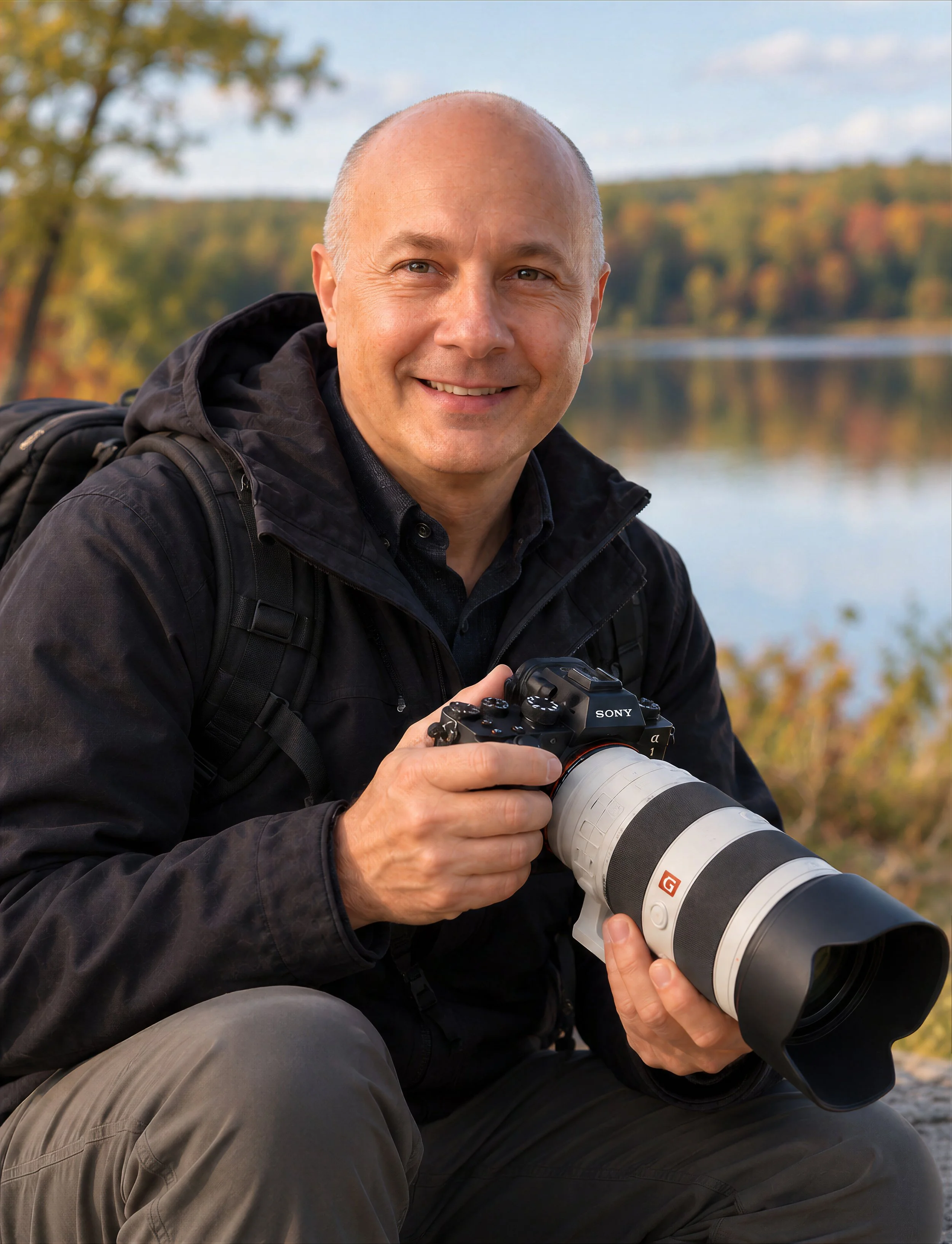 A man outdoors holding a professional camera with a large telephoto lens, smiling, with trees and a lake in the background during fall.